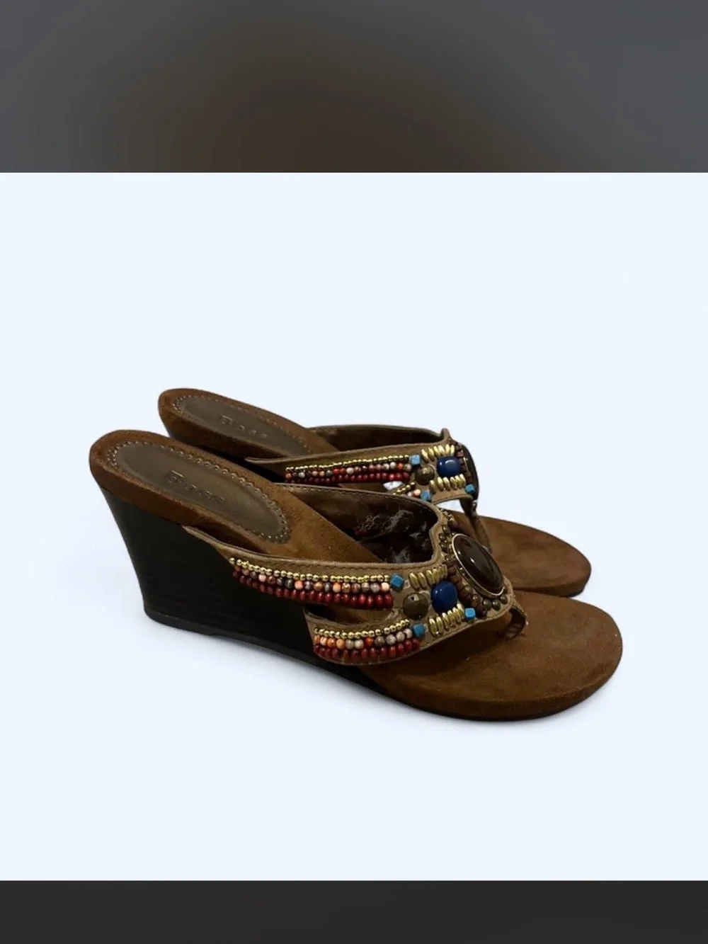 Bass Brown Beaded Suede Wedge Sandals